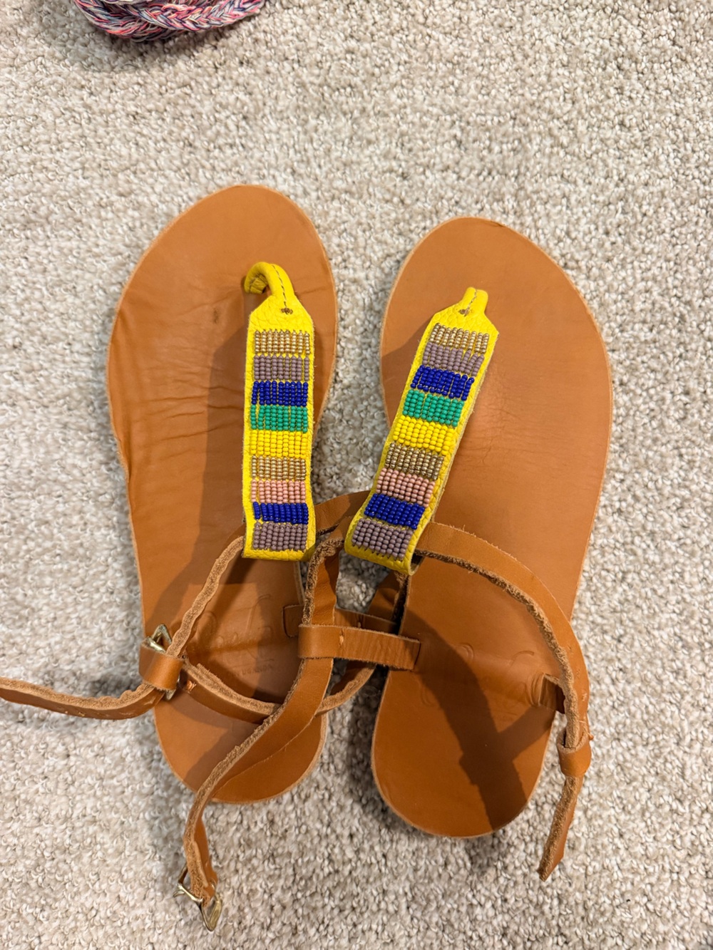 Sseko Yellow Beaded Leather T-Strap Sandals